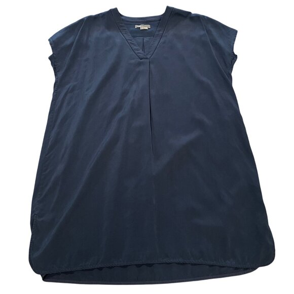 Vince Women's Sz S Navy Blue 100% Silk Shift Dress Relaxed Short Sleeves V-Neck - Picture 1 of 9